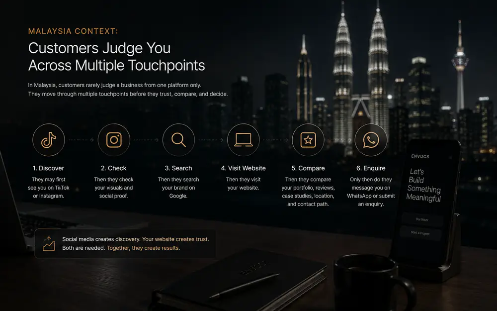 Dark cinematic Malaysia customer journey showing discovery, search, website visit, comparison, and enquiry touchpoints